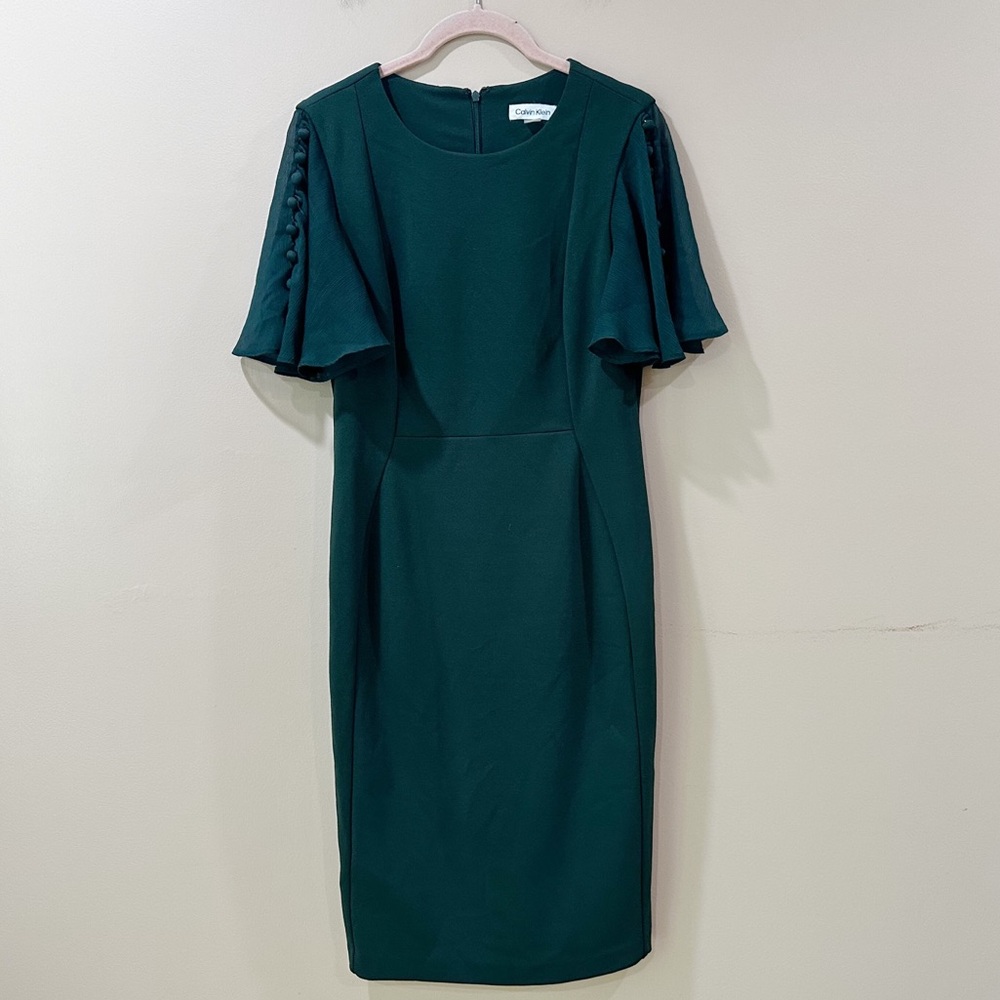 Calvin Klein Dark Green Flutter Sleeve Crepe Sheath Dress Formal Holiday Women 8
